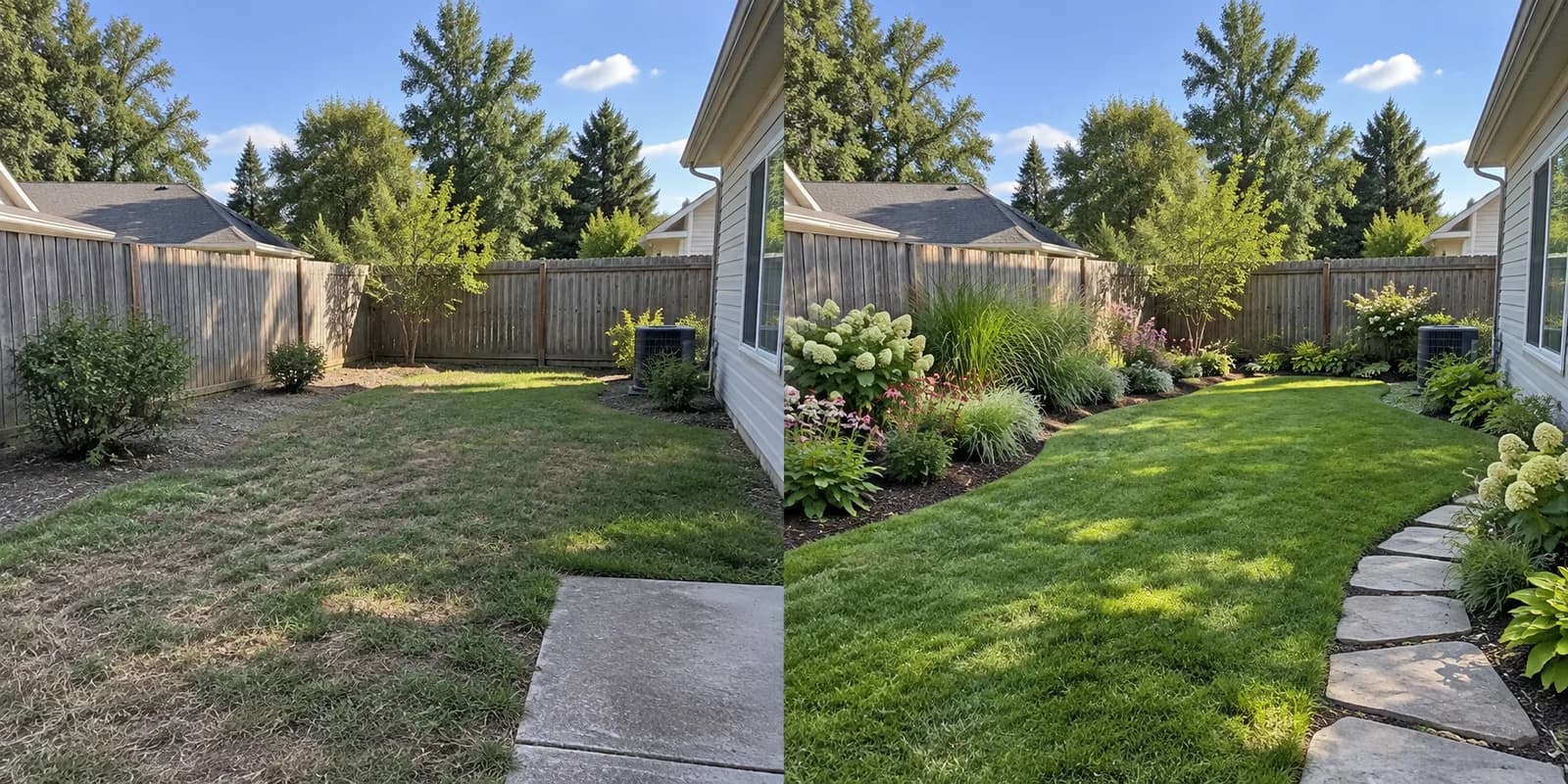Illustrative backyard before landscaping, with a patchy lawn and sparse planting beds