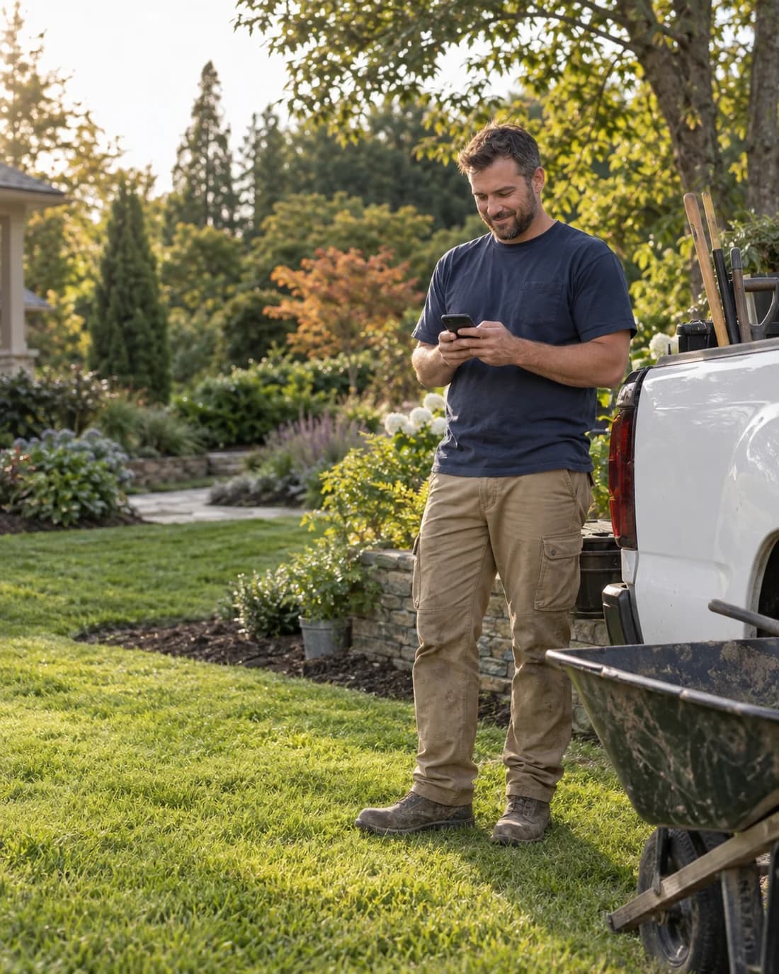 A landscaper using his phone beside a work truck in a residential garden