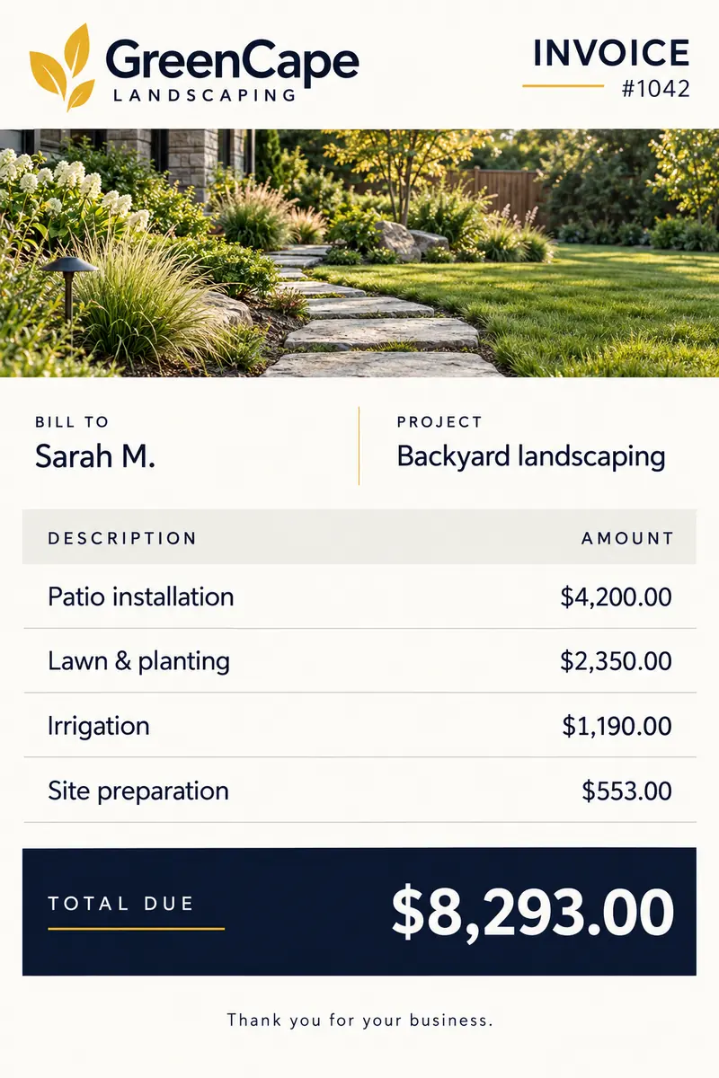 Illustrative landscaping invoice for patio installation, lawn and planting, irrigation, and site preparation