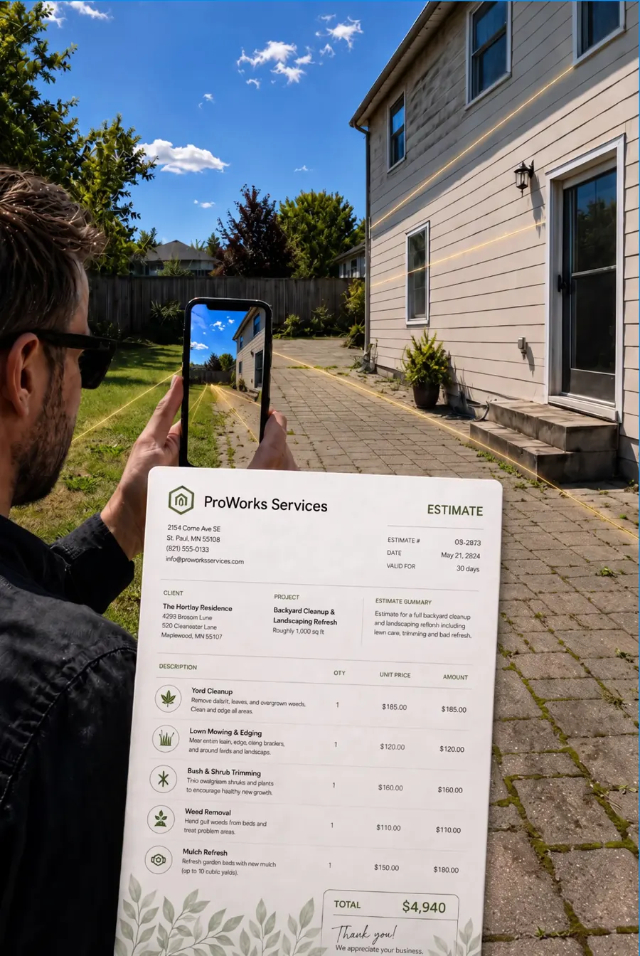 Contractor photographing a backyard with a detailed landscaping estimate appearing in the foreground.