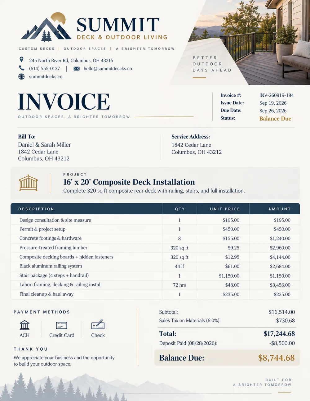 Summit Deck & Outdoor Living invoice for a composite deck installation, with a total of $17,244.68 and a balance due of $8,744.68.